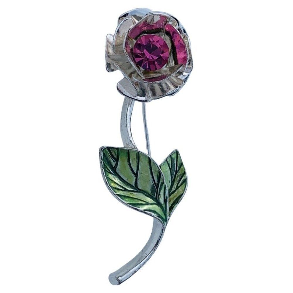 Vintage AVON Pink Shimmer Rhinestone Rose Silver Tone Brooch Pin - Picture 2 of 6